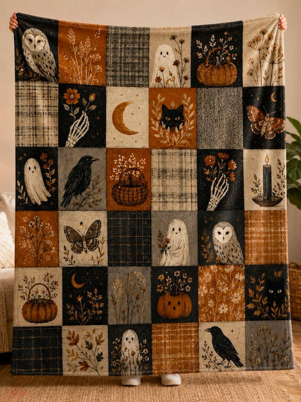 Halloween Patchwork Throw Blanket - Black, Brown, Cream & Gray